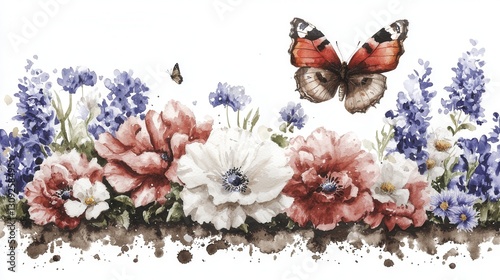 Fototapeta Naklejka Na Ścianę i Meble -  A beautifully crafted watercolor painting depicting a lush vibrant floral bouquet featuring peonies daisies and lavender surrounded by a serene garden landscape with butterflies in the background