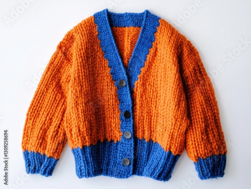 Vibrant orange and blue knitted cardigan with buttons for stylish comfort