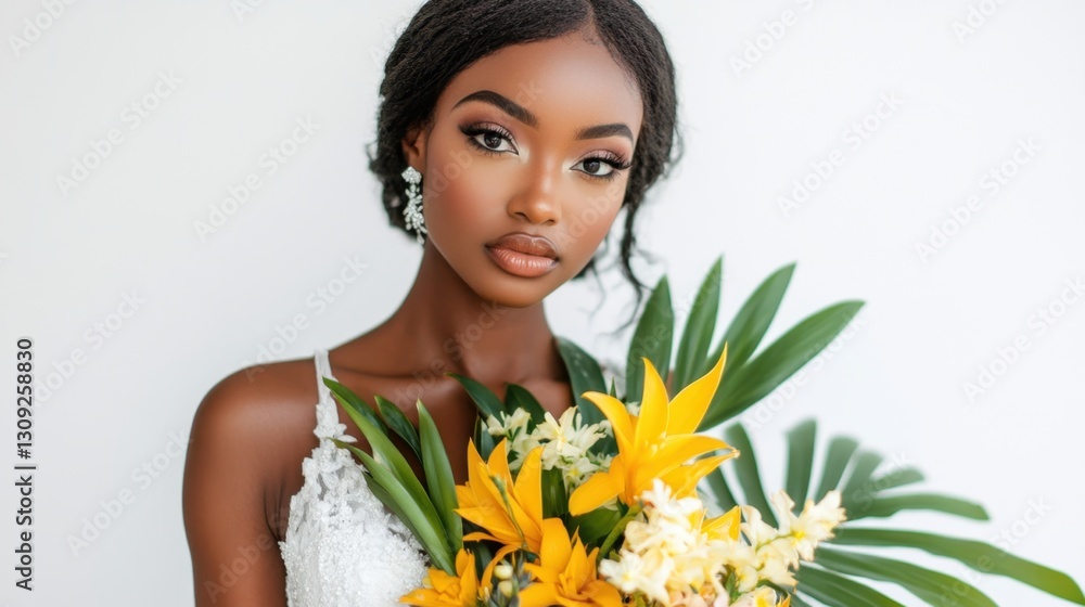 A multicultural bride confidently poses with a bouquet of heliconia and exotic leaves, showcasing a modern and bold bridal aesthetic against a clean white background A multicultural bride confidently poses with a bouquet of heliconia and exotic leaves, showcasing a modern and bold bridal aesthetic against a clean white background