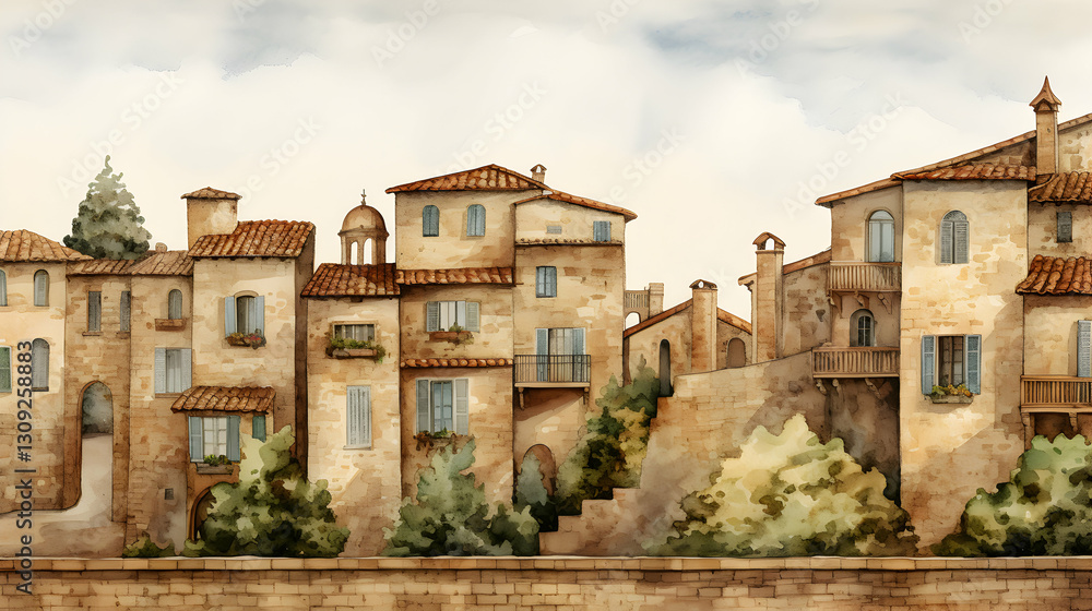 Historic Renaissance city street showcases charming architecture and serene atmosphere in warm watercolor tones Historic Renaissance city street showcases charming architecture and serene atmosphere in warm watercolor tones