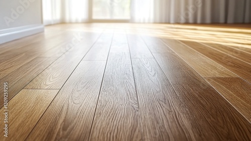 Wallpaper Mural Professional flooring installation, carpenter aligning laminate planks, natural wood grain visible, bright and spacious room, soft warm lighting, copy space for design, wide-angle shot. Torontodigital.ca