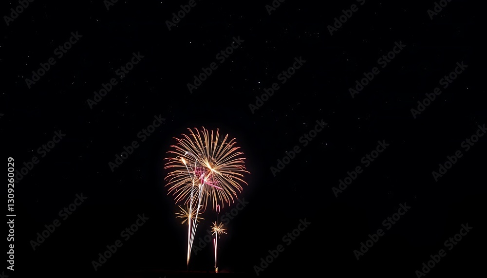 Fireworks explode brightly illuminating the dark starry night sky