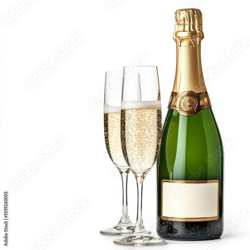 Wallpaper Mural Green Bottle of Champagne with Two Flutes on White Background Torontodigital.ca