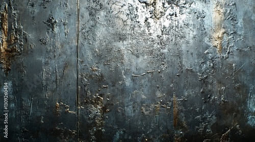 Rough industrial steel surface with visible imperfections and scratches, cold metallic tones, subtle light reflections adding depth, detailed focus 