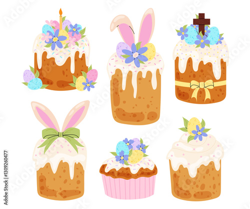 Holiday pastry with cream decorated bow, bunny ears, eggs, spring flowers, wooden cross. Christian spring holiday. Set Easter cake. 