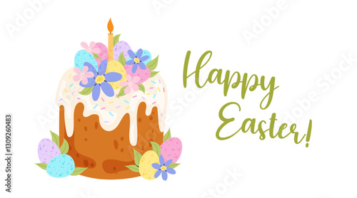 Happy Easter! Banner with lettering and Easter cake. Greeting card, poster, background. Christian spring holiday. Flat illustration.