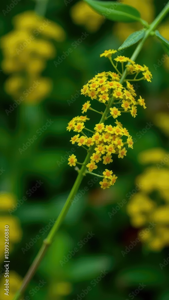 Clusters of small yellow-green flowers on a stem, blooms, yellow Clusters of small yellow-green flowers on a stem, blooms, yellow