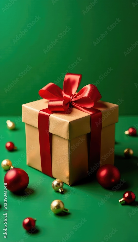 Decorated gift box on green surface with red and gold balls scattered around, ornaments, present box, gift boxes Decorated gift box on green surface with red and gold balls scattered around, ornaments, present box, gift boxes