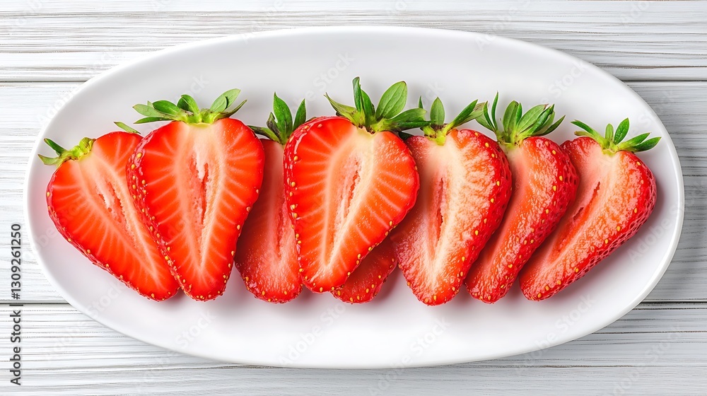 Sliced strawberries on a white plate, on a white wooden table, for healthy eating Sliced strawberries on a white plate, on a white wooden table, for healthy eating