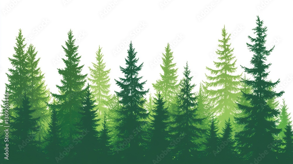 Obraz premium Silhouette of a dense pine forest against a white background, tall evergreen trees with varying heights, clean minimalist contrast, sharp vector style 