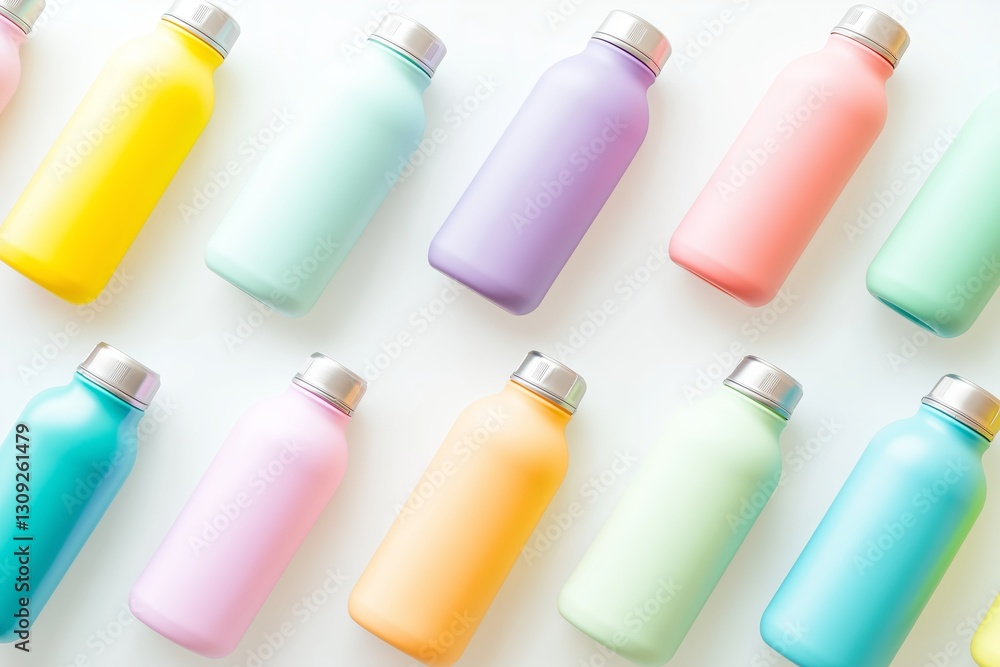 Colorful reusable water bottles arranged neatly on a clean white backdrop showcasing vibrant designs for modern eco-conscious lifestyles Colorful reusable water bottles arranged neatly on a clean white backdrop showcasing vibrant designs for modern eco-conscious lifestyles