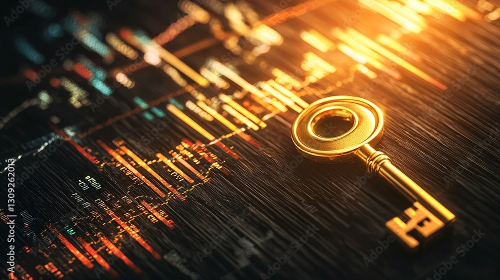 Fototapeta premium Golden key on dark wooden table symbolizing private credit and financial security, with abstract financial charts in the background, representing trust and wealth management concepts.