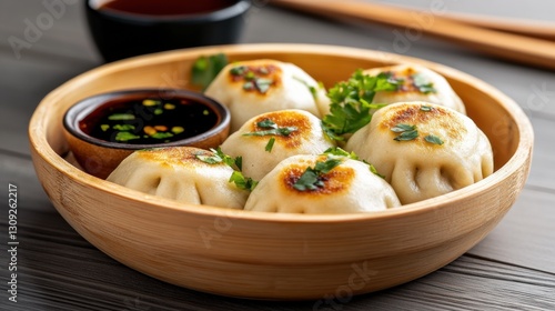 Steamed dumplings with soy sauce garnished with fresh cilantro in bamboo bowl
