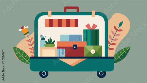 A mobile gifting station crafted from a repurposed vintage suitcase offering sustainable gift wrapping using fabric scraps and natural elements.. Vector illustration