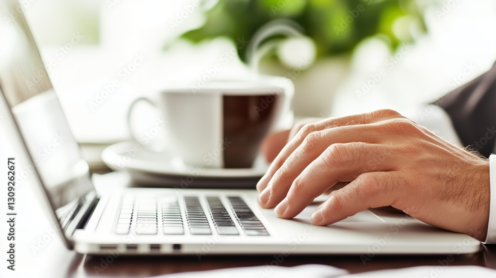 Hands typing on laptop coffee nearby Modern workspace productivity AI generated Hands typing on laptop coffee nearby Modern workspace productivity AI generated