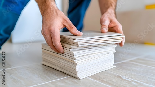 Hands Laying Stack of Off White Ceramic Floor Tiles
