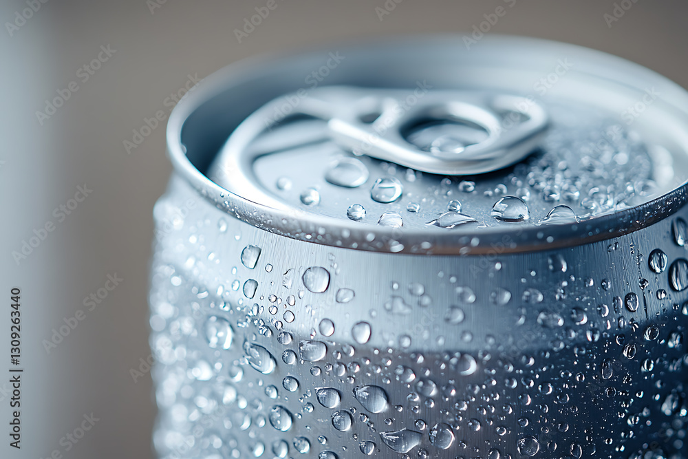 A sleek tin can for a carbonated drink without any inscriptions, covered in fresh water droplets. A sleek tin can for a carbonated drink without any inscriptions, covered in fresh water droplets.