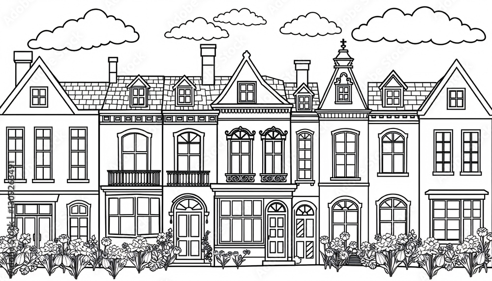 Charming Line Drawing of European Row Houses with Decorative Flowers for Coloring
Charming Line Drawing of European Row Houses with Decorative Flowers for Coloring