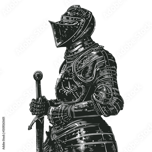 Vector illustration of a medieval knight in detailed armor, shown in profile with a sword. The black and white engraving style captures intricate details of the helmet, breastplate, and chainmail