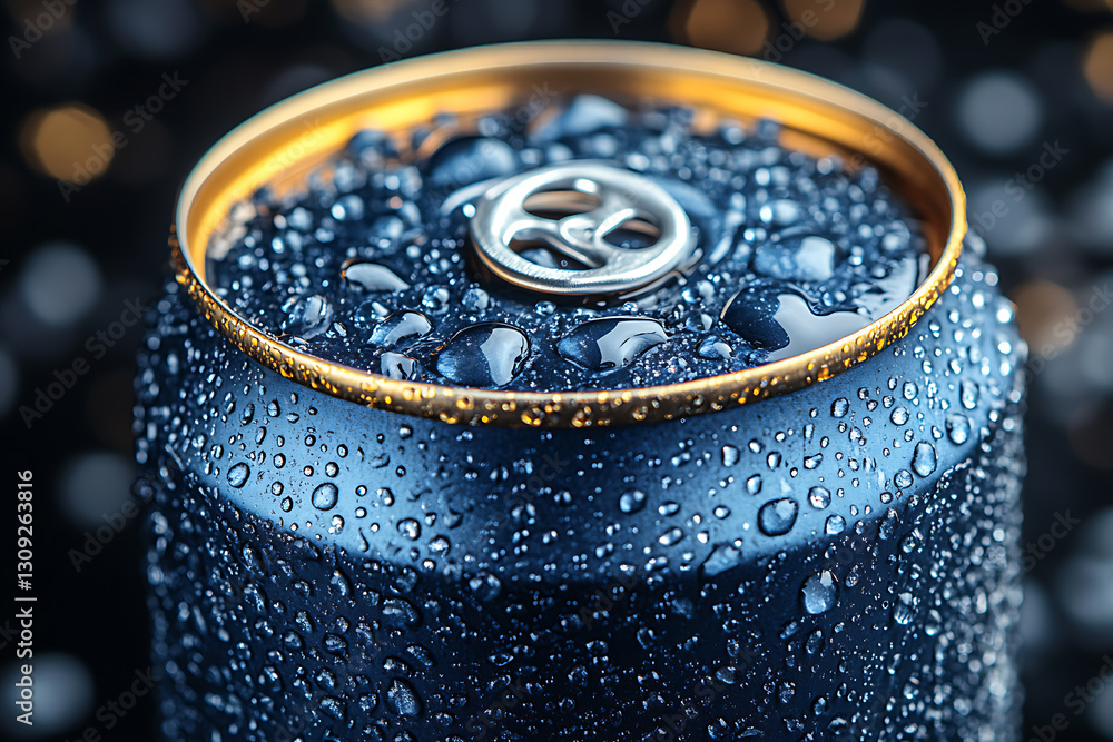 A sleek tin can for a carbonated drink without any inscriptions, covered in fresh water droplets. A sleek tin can for a carbonated drink without any inscriptions, covered in fresh water droplets.