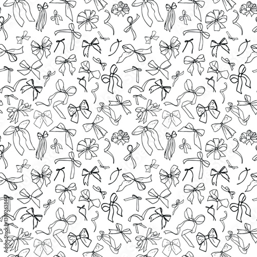 Seamless outline vector pattern with bows. Black and white pattern for fabrics, wrapping paper, wallpapers. 