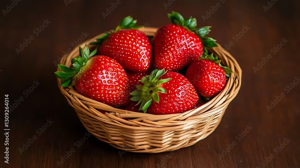 Strawberries filling basket on a wooden table, blurred background for a healthy food blog Strawberries filling basket on a wooden table, blurred background for a healthy food blog