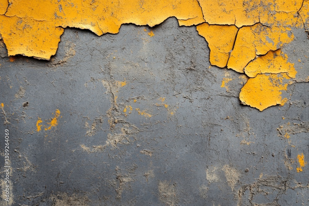 Obraz premium A close-up of a textured wall featuring peeling yellow paint over a gray base, showcasing a blend of colors and aged surfaces.