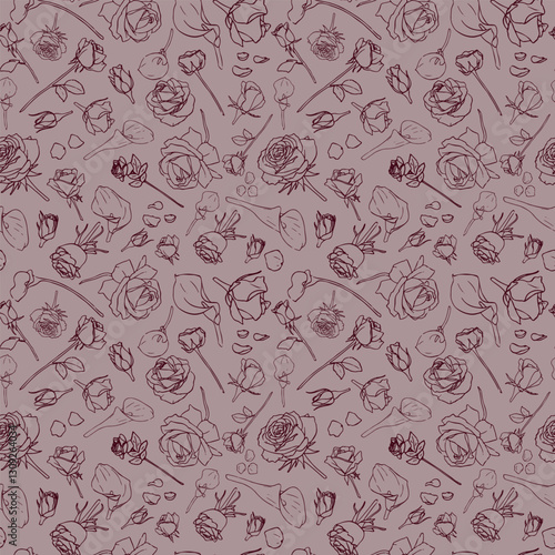 Seamless vector pattern with roses and lilies. Red and pink pattern for fabrics, wrapping paper, wallpapers. 