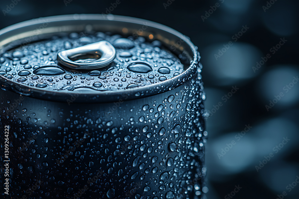 A sleek tin can for a carbonated drink without any inscriptions, covered in fresh water droplets. A sleek tin can for a carbonated drink without any inscriptions, covered in fresh water droplets.