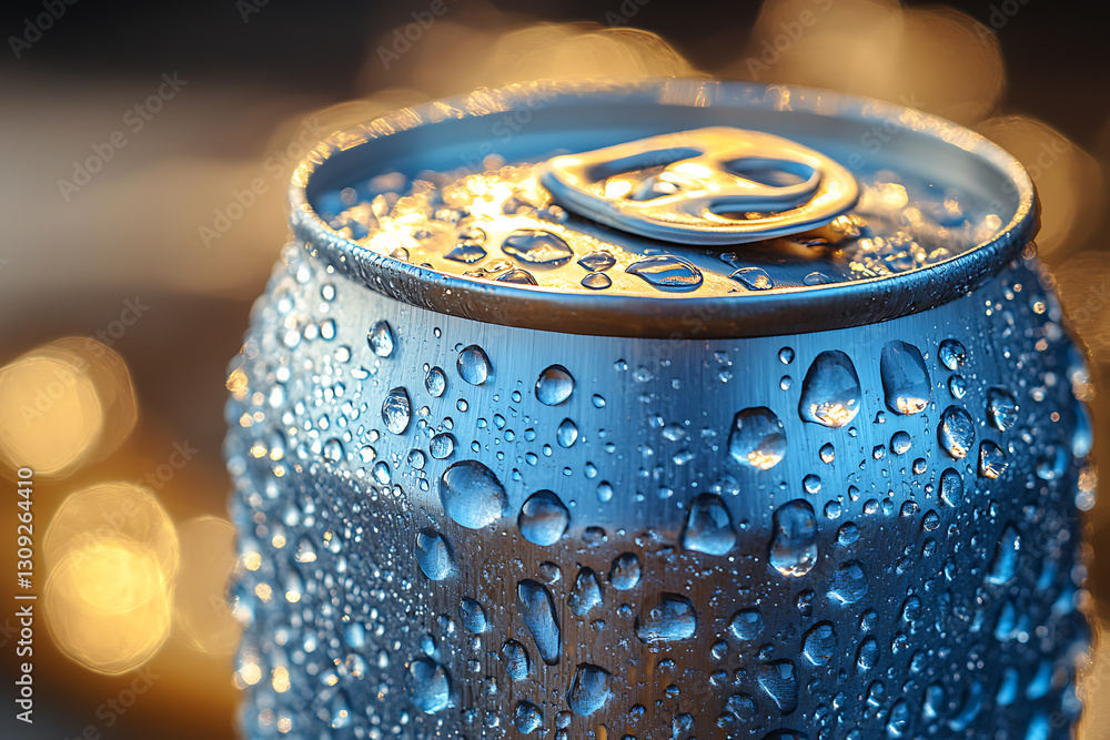 A sleek tin can for a carbonated drink without any inscriptions, covered in fresh water droplets. A sleek tin can for a carbonated drink without any inscriptions, covered in fresh water droplets.