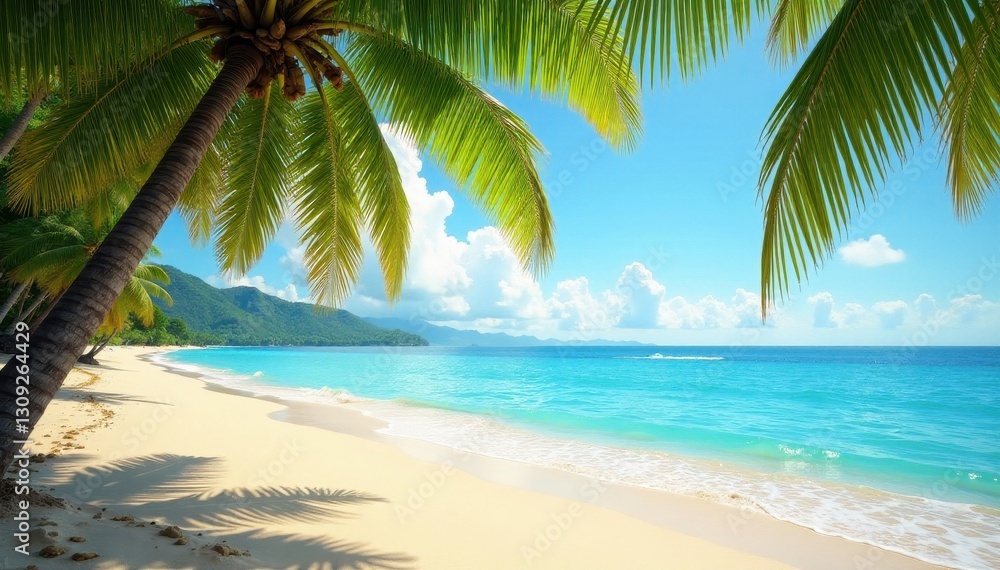 Fototapeta premium Golden sand, lush palm trees arching over the shore, blue, coast, palm trees