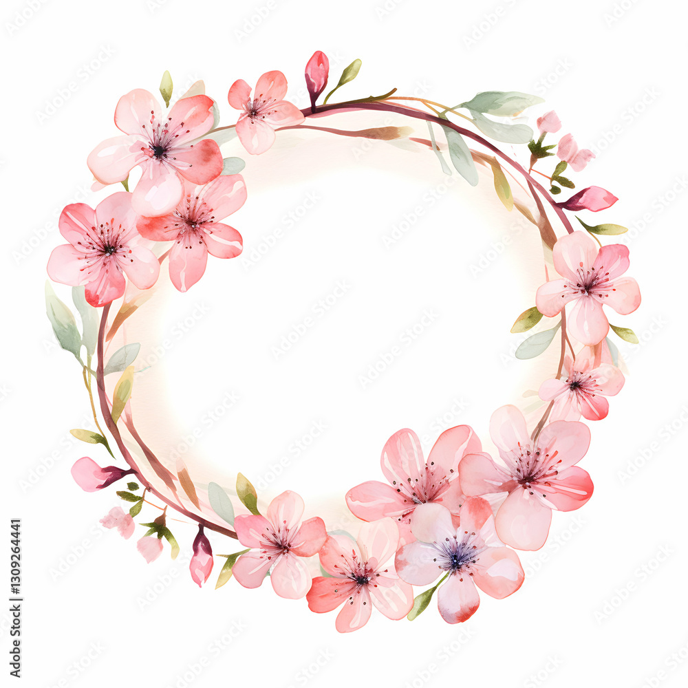 Fototapeta premium Stylish botanical watercolor wreath featuring delicate cherry blossoms perfect for spring decorations and floral themes