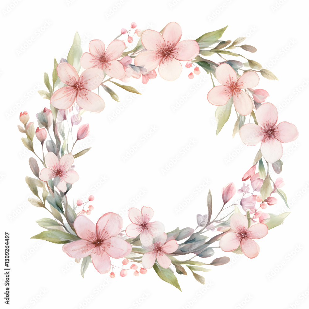 Fototapeta premium Watercolor cherry blossom wreath with delicate pink flowers and green leaves showcasing seasonal beauty in botanical art