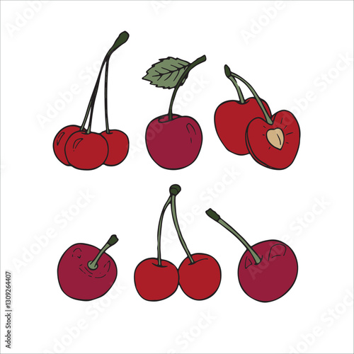 Hand-drawn illustration. Colorful set of vector cherries.