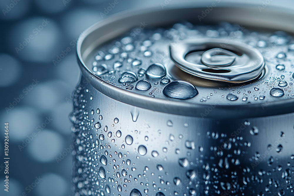 A sleek tin can for a carbonated drink without any inscriptions, covered in fresh water droplets. A sleek tin can for a carbonated drink without any inscriptions, covered in fresh water droplets.
