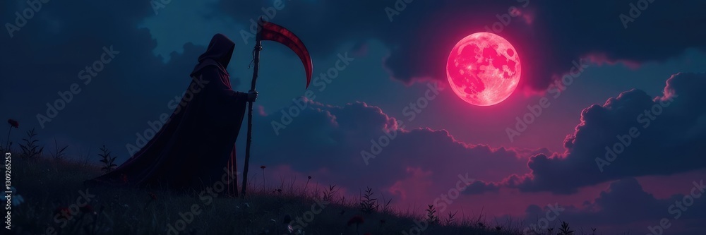 Grim reaper holds scythe against a dark and moonlit night sky, scythe, dark Grim reaper holds scythe against a dark and moonlit night sky, scythe, dark