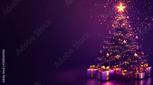 Vibrant holiday banner with a rich purple gradient background, beautifully decorated Christmas tree, shimmering presents below, warm fairy lights, space for a message 