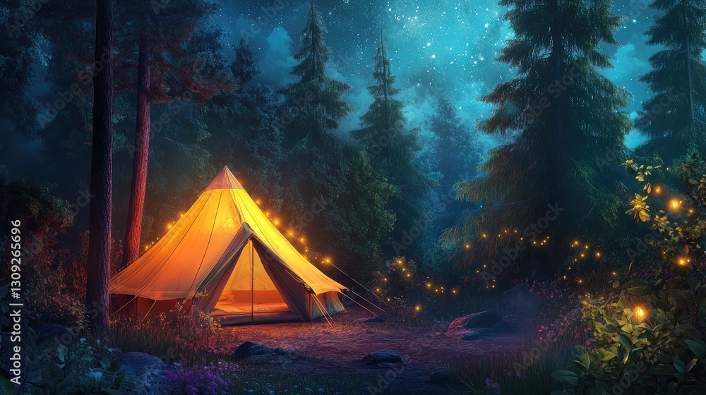 A vibrant tent with warm lights in a peaceful nighttime forest, surrounded by towering trees and a celestial sky. A vibrant tent with warm lights in a peaceful nighttime forest, surrounded by towering trees and a celestial sky.