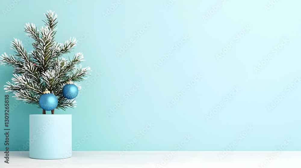 Fototapeta premium Small Decorated Christmas Tree On A Blue Cylinder With Snow And Blue Ornament Against Turquoise Background