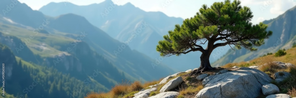 Pine tree growing on rocky mountain slope with strong wind causing trunk twist, rugged terrain, nature, pine Pine tree growing on rocky mountain slope with strong wind causing trunk twist, rugged terrain, nature, pine