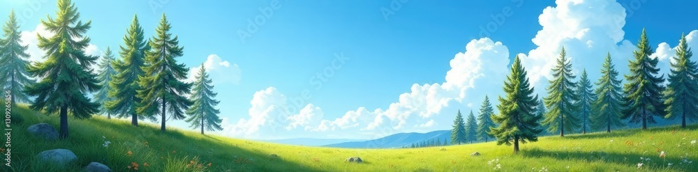 Fototapeta premium Pine trees rise above the ground in the clear blue sky with light and airy clouds, nature, scenery