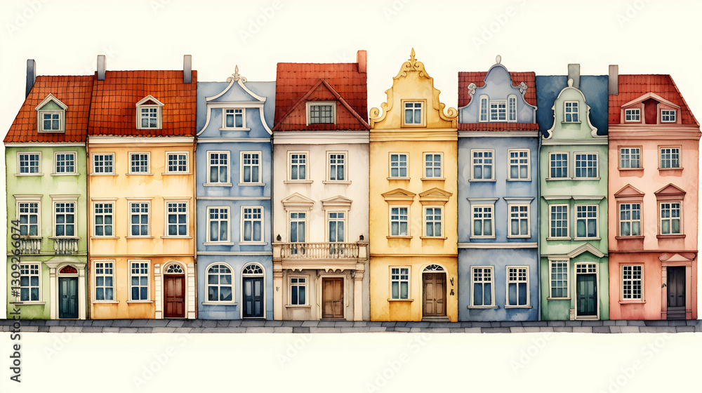 Fototapeta premium Charming old town with colorful historic houses lining a cobblestone street in a serene setting