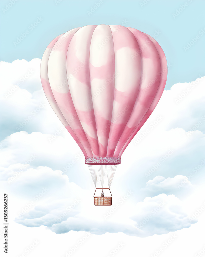 Fototapeta premium Beautiful watercolor artwork featuring a pastel blue hot air balloon floating serenely through a soft cloud-filled sky during a tranquil afternoon