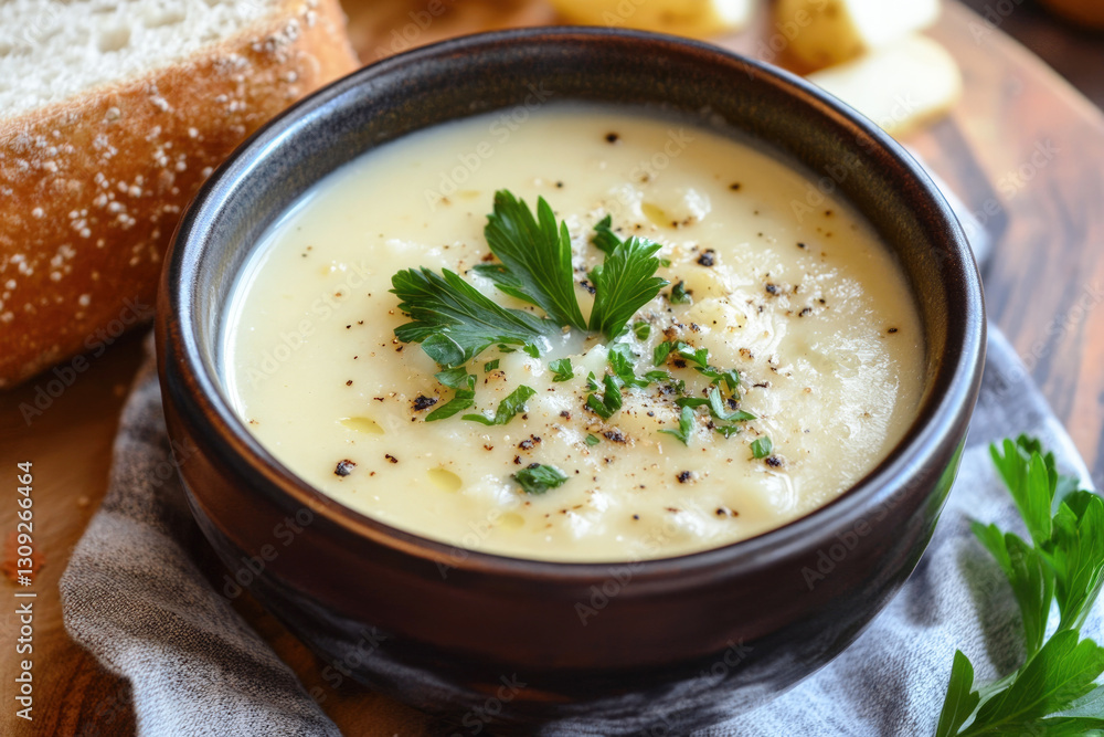 A steaming bowl of creamy potato soup topped with fresh parsley and black pepper. A steaming bowl of creamy potato soup topped with fresh parsley and black pepper.