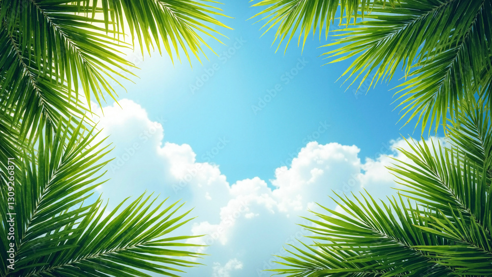 Palm Sunday Celebration Background: Tropical Leaves Against Blue Sky for Church Bulletins and Easter Promotions Palm Sunday Celebration Background: Tropical Leaves Against Blue Sky for Church Bulletins and Easter Promotions