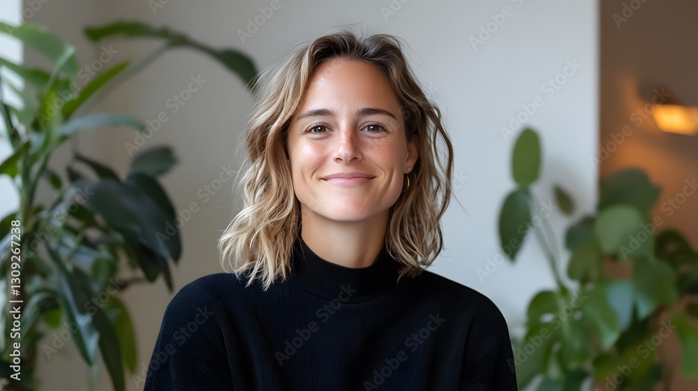 Smiling woman in black sweater surrounded by indoor plants in a bright and cozy space Smiling woman in black sweater surrounded by indoor plants in a bright and cozy space