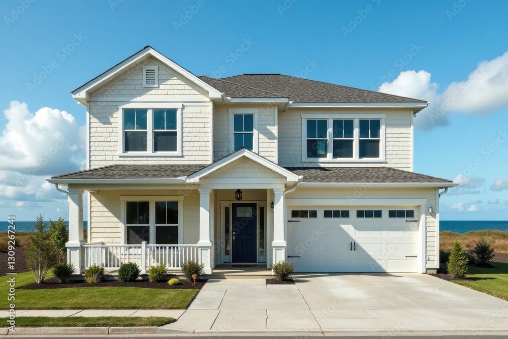 Fototapeta premium Nearly finished beachfront home, exterior siding visible, seaside, vacation home, house