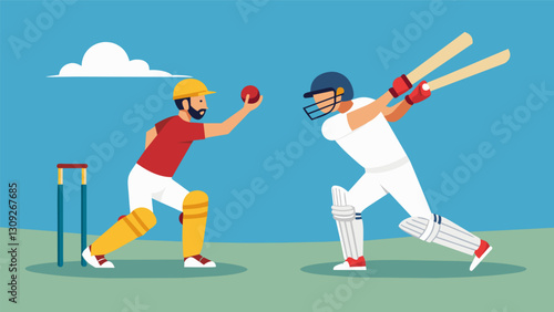 A friendly rivalry sparks between two players with one determined to hit a six and the other fiercely defending the wickets.. Vector illustration