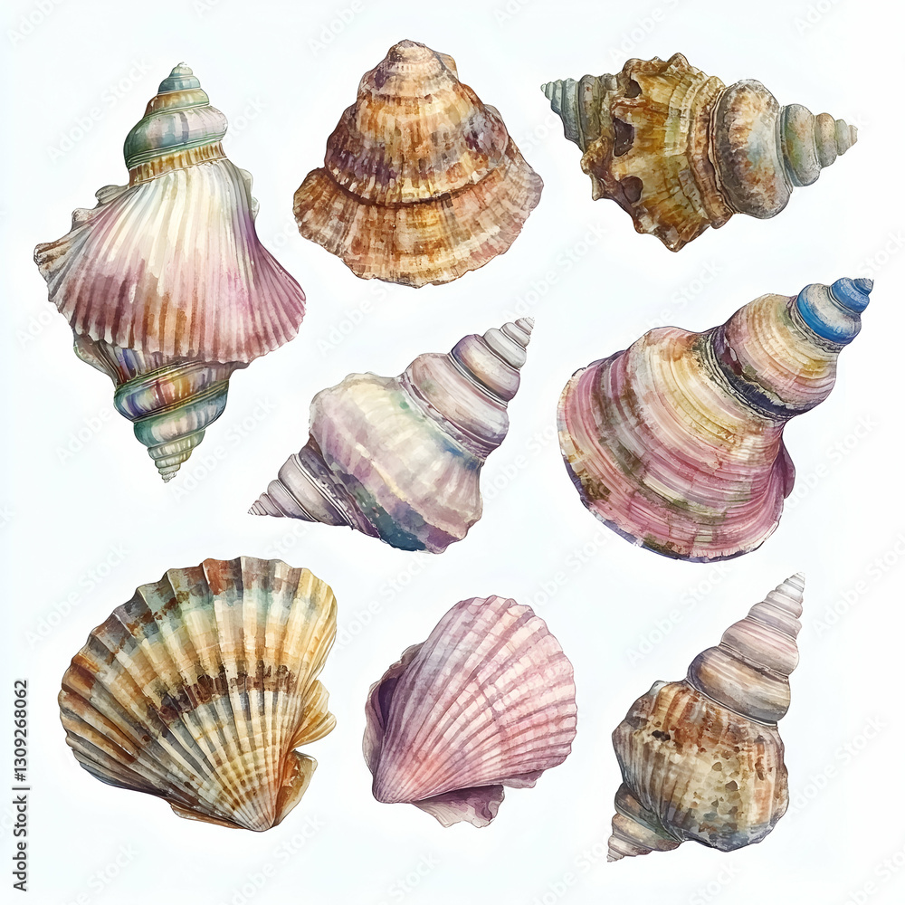 Collection of watercolor seashell and conch shell illustrations showcasing intricate patterns and colors Collection of watercolor seashell and conch shell illustrations showcasing intricate patterns and colors