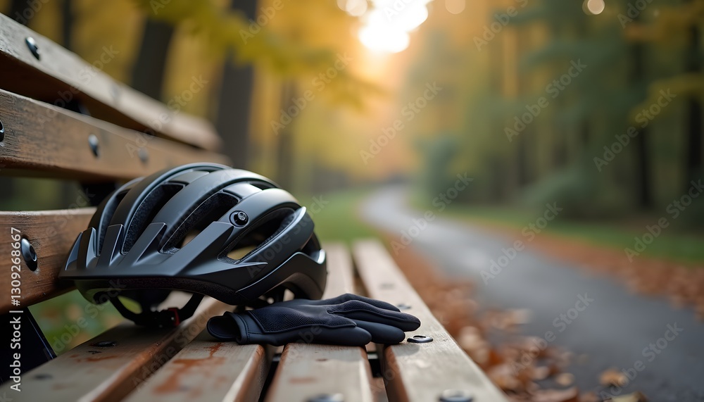 Professional road cycling helmet and gloves on wooden bench Professional road cycling helmet and gloves on wooden bench